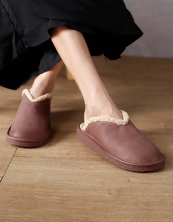 Winter Mules Plush Retro Leather Slippers