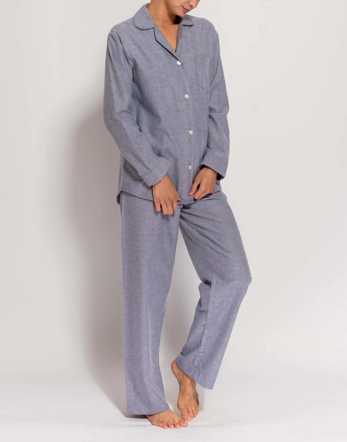 Women's Brushed Cotton Pyjama Set – Ash Grey Herringbone