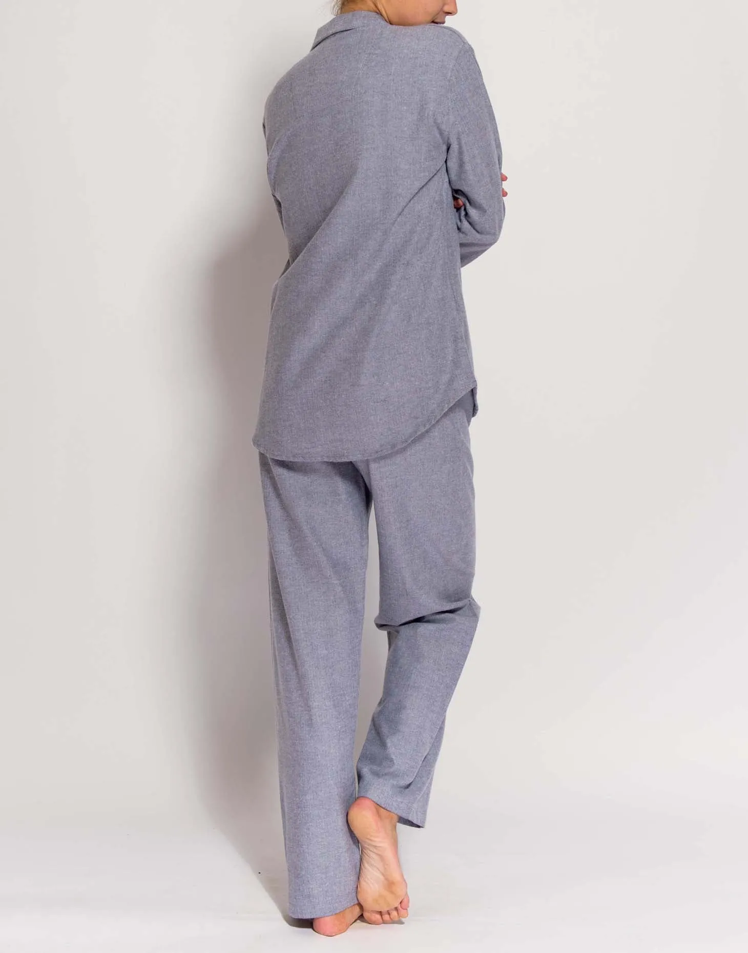 Women's Brushed Cotton Pyjama Set – Ash Grey Herringbone