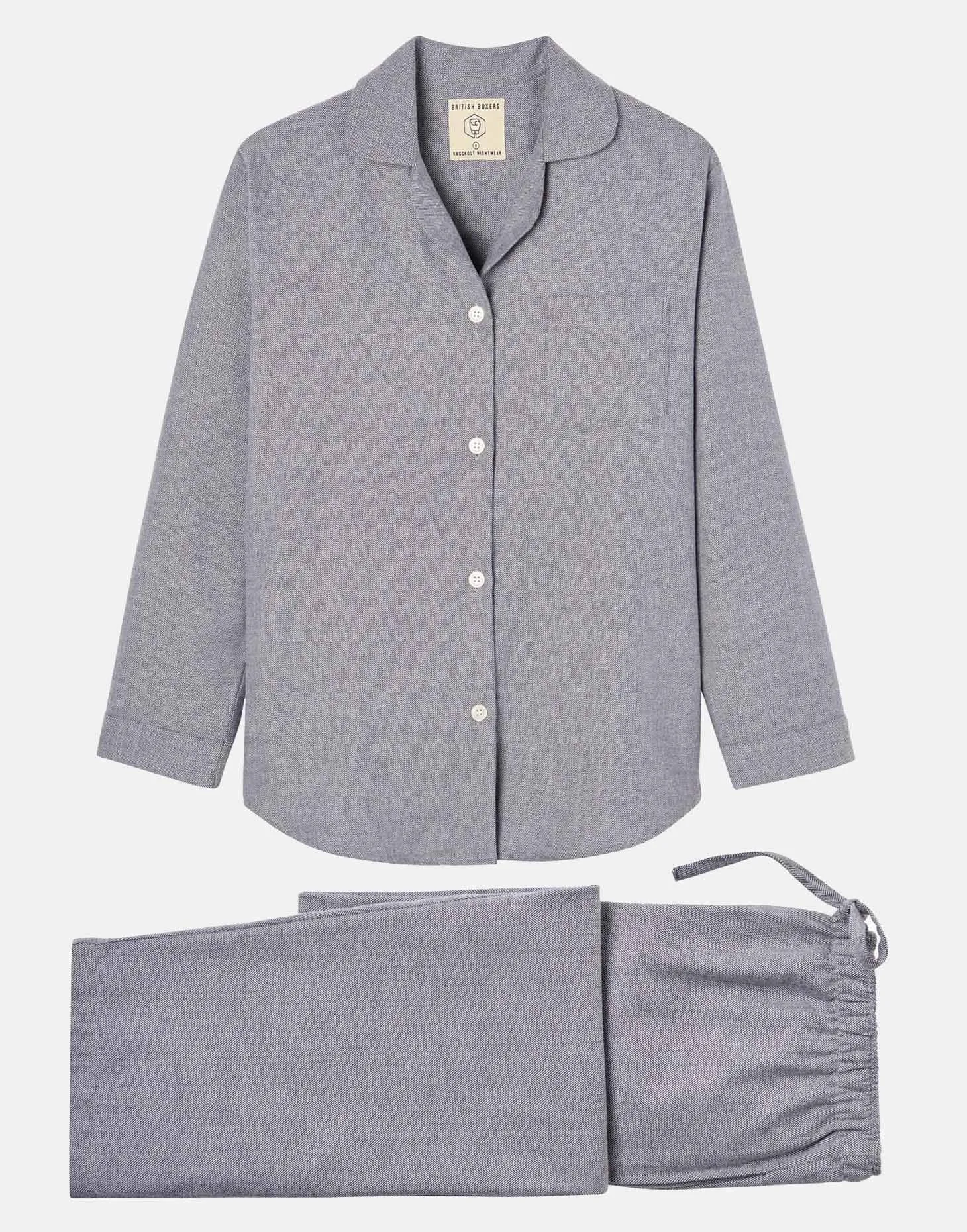 Women's Brushed Cotton Pyjama Set – Ash Grey Herringbone